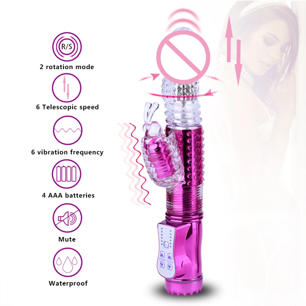 Silicone G spot Dildo Vibrators 2-mode Rotation + 6 Telescopic Speed Vibration Dual Clitoris Stimulator Adult Sex Toys for Woman