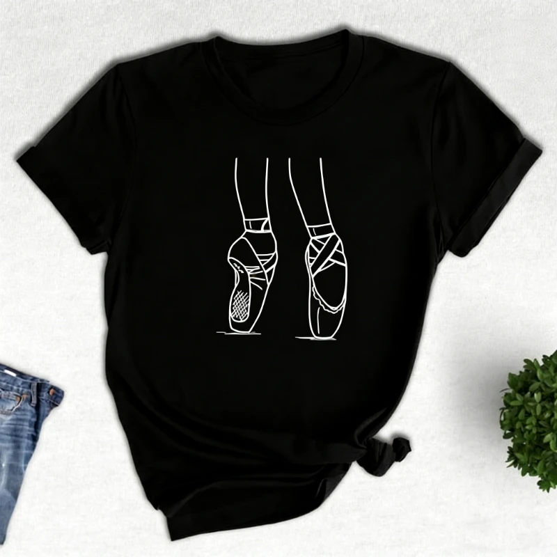 Ballet Dancer Commuter  All-match T-Shirt Pointe Shoes Crewneck Graphic Tee Fashion Loose Casual Style Tops Tee Shirt Short