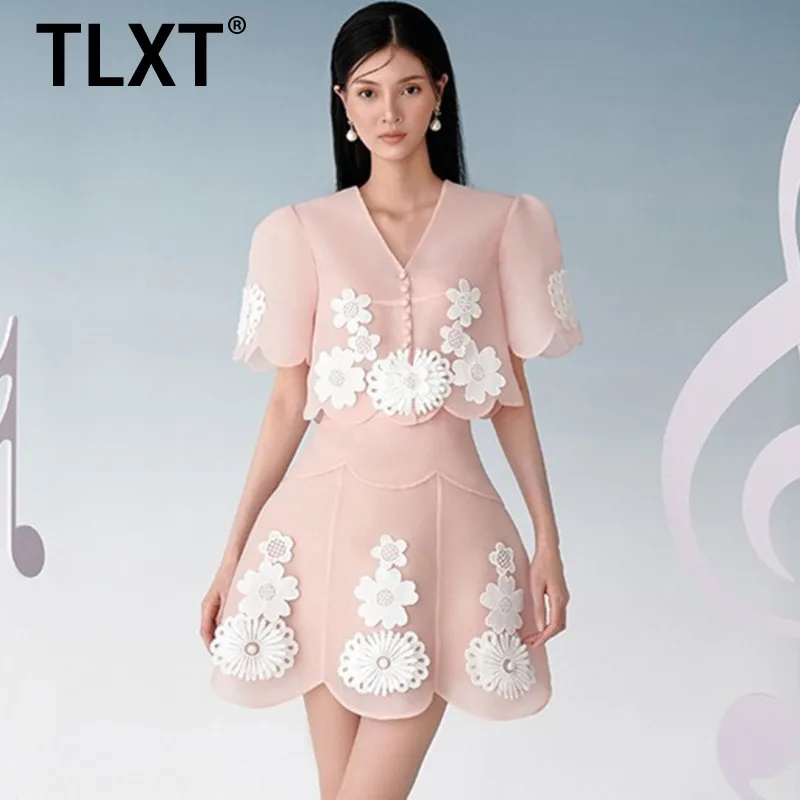 

TLXT Fashion Women's Elegant 2 Pcs Set 3D Flower V-neck Single Button Top A-line Gauze Skirt Evening Party Suit 2026 Spring New