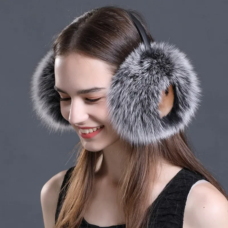 Winter Women Warm Real Fox Fur Earmuffs Girl\'s Earlap Ultra Large Ladies Plush Earmuff Luxury Ladies Fox Fur Earmuffs