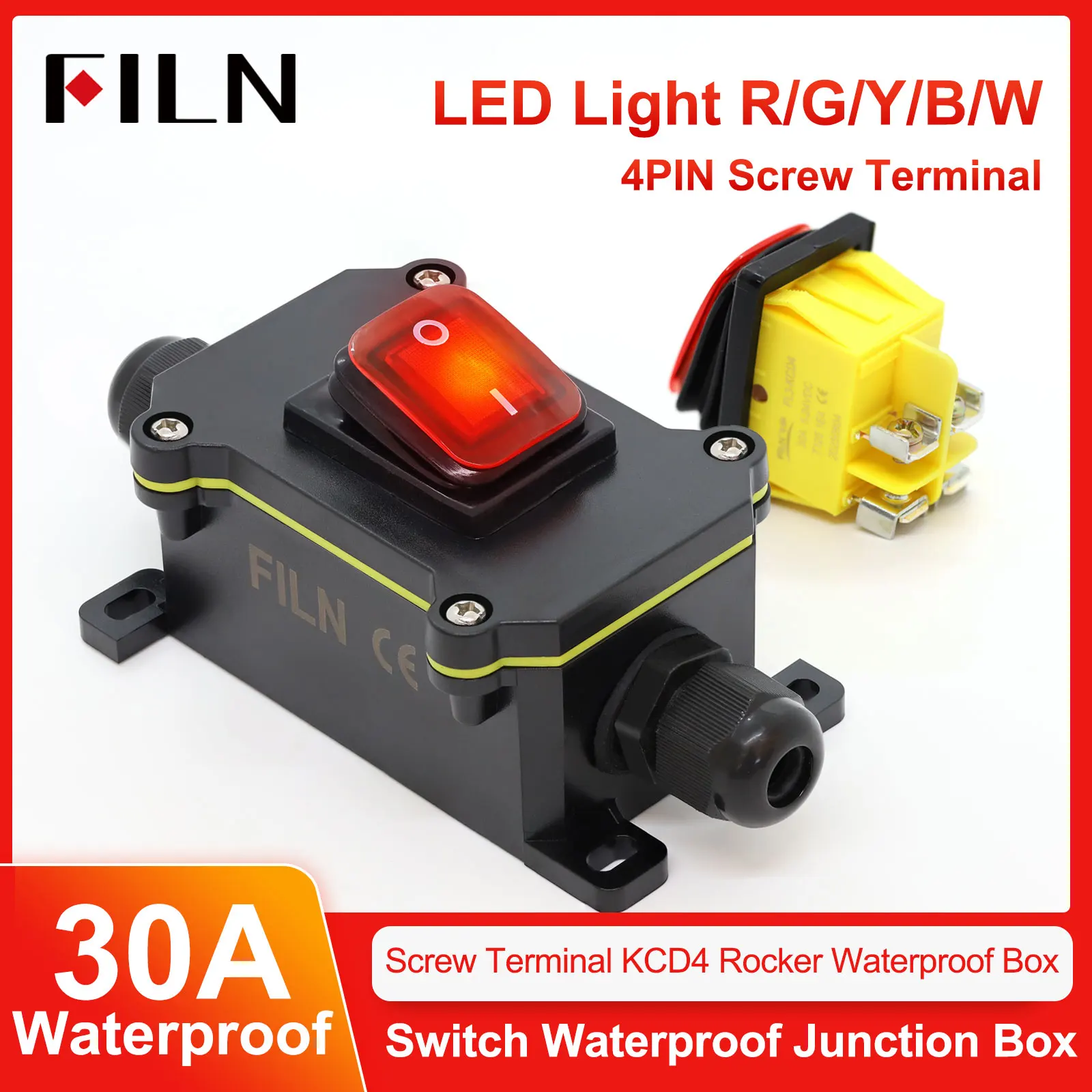 Junction Box 30A High Current Connetor Outdoor  Inline Power Cord 110V 220V 12V 24V Marine Rocker Switch on Off Waterproof IP65