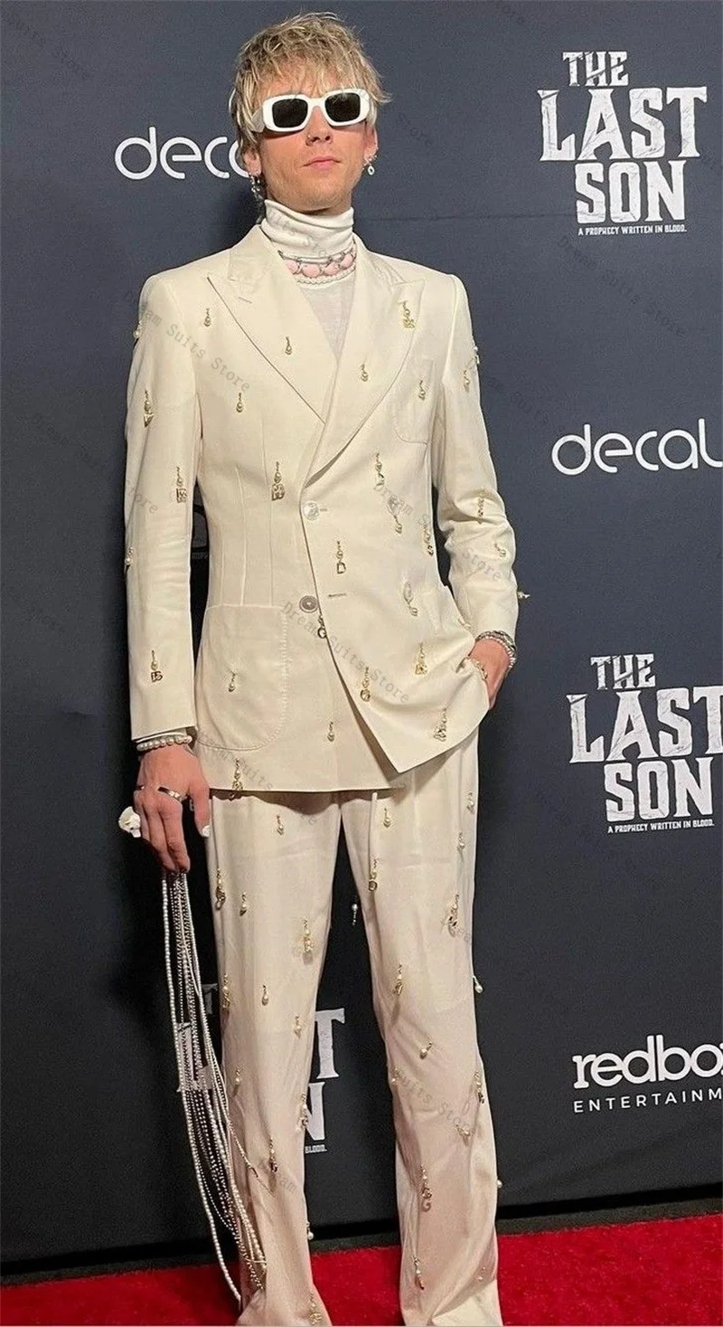 

White Men Suit Set 2 Piece Blazer+Pant Trousers Luxury Crystals Customized Formal Office Jacket Wedding Tuxedos Cotton Coat