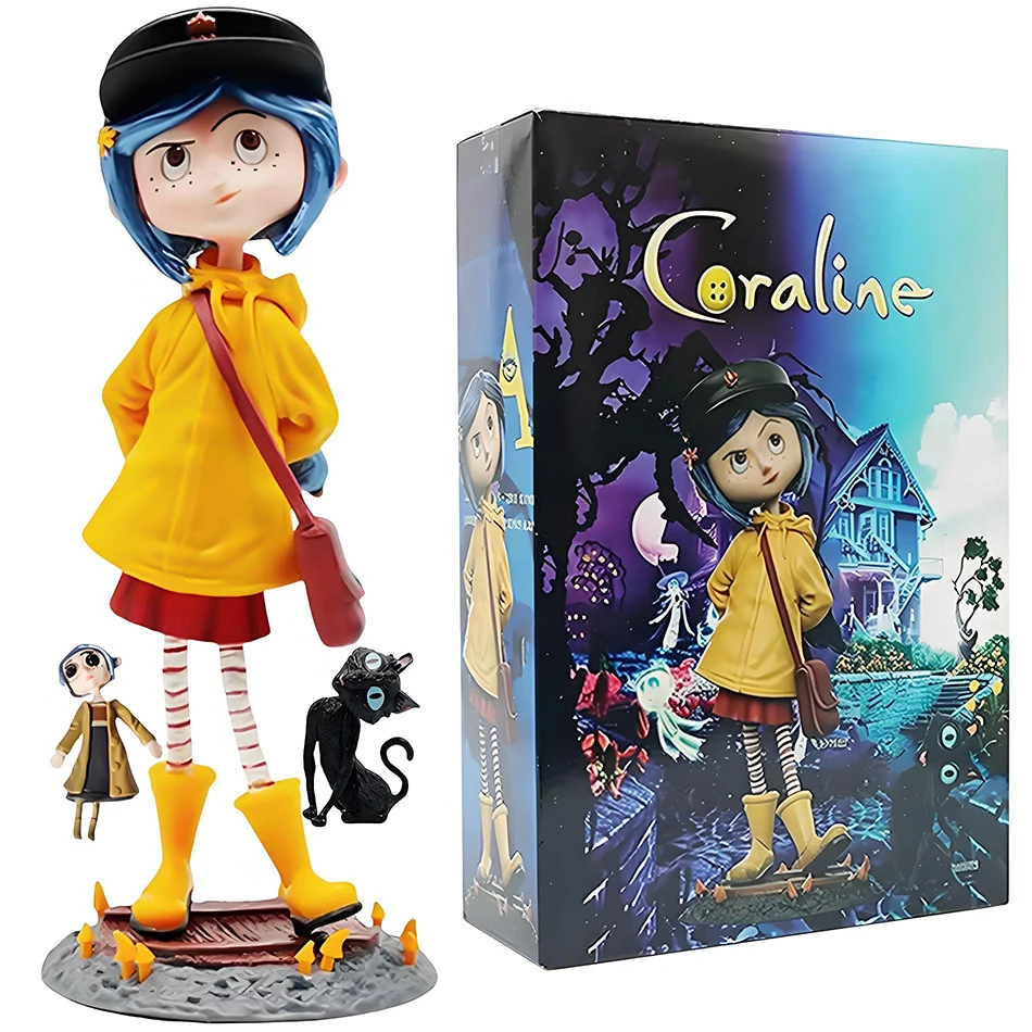 Figura de Coraline de Anime de 19 cm, Versión Q, Muñeca de Dibujos Animados de Halloween, Modelo de PVC, Adorno de Escritorio con Gato Negro, Regalo de Cumpleaños y Navidad