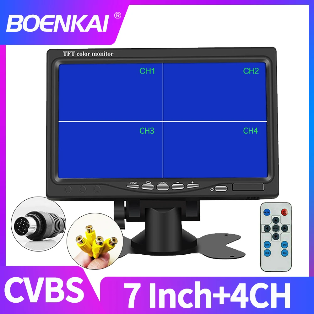 BOENKAI Quad Split 7 Inch Monitor HD Display Side Rear View Backup Camera Set 4 Channels RCA Video Inputs For Rv Truck Bus