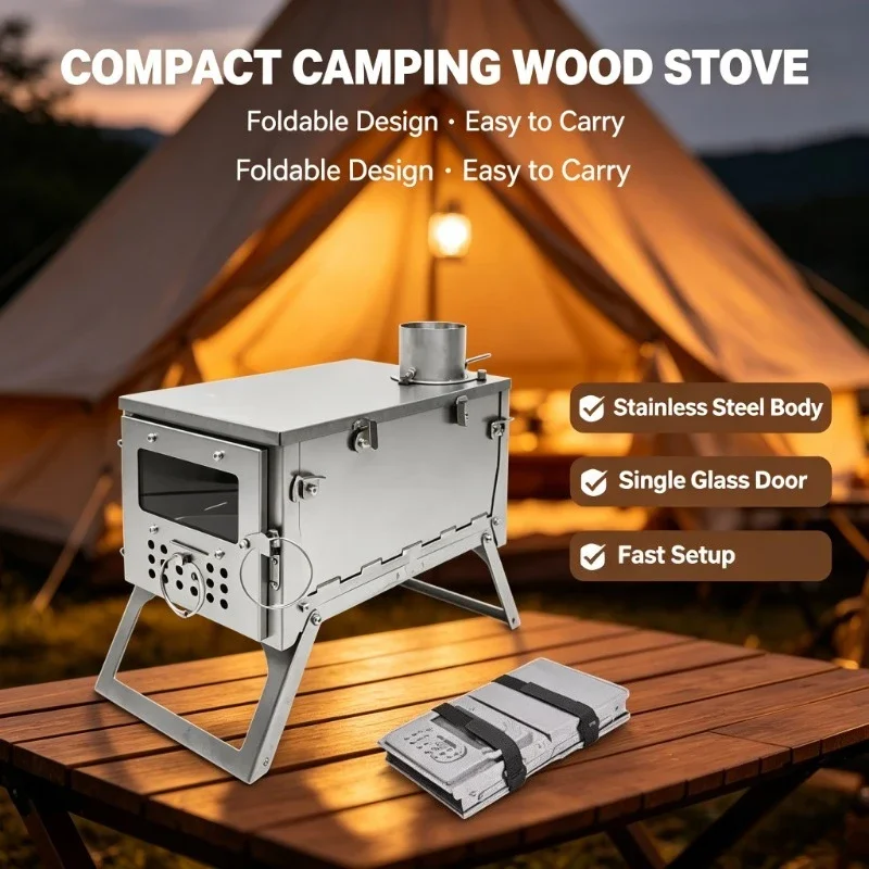 Stainless Steel Single Glass Foldable Portable Wood Stove - Outdoor Tent Camping Hiking Backpacking Stove