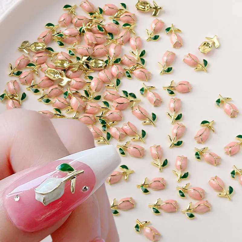 10pcs Aolly Tulips Nail Charms Luxury Pink White Tulip 3D Flower Nail Gems Jewelry 9mm Metal Foral Nail Decoration Accessories