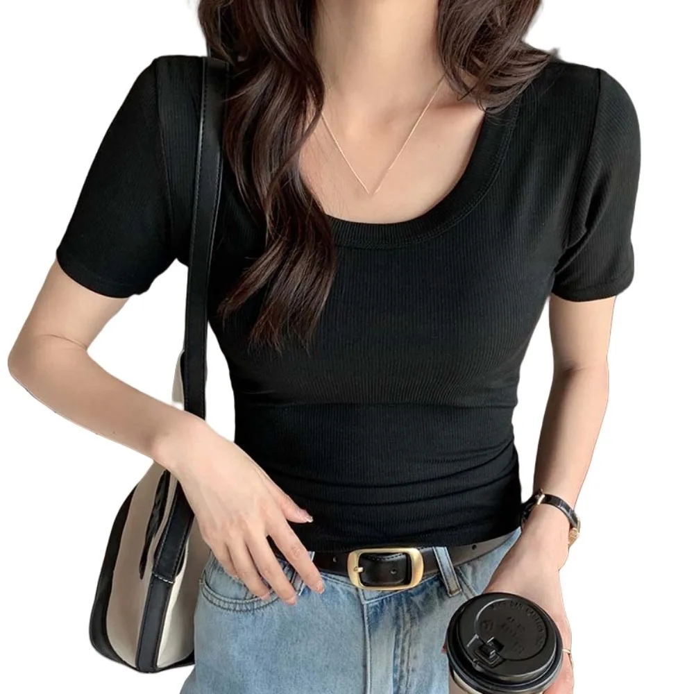 

Тонкие корейские укороченные топы Y2K с круглым вырезом, корсет, черно-белая, серая футболка с короткими рукавами, однотонная тонкая короткая футболка, женская