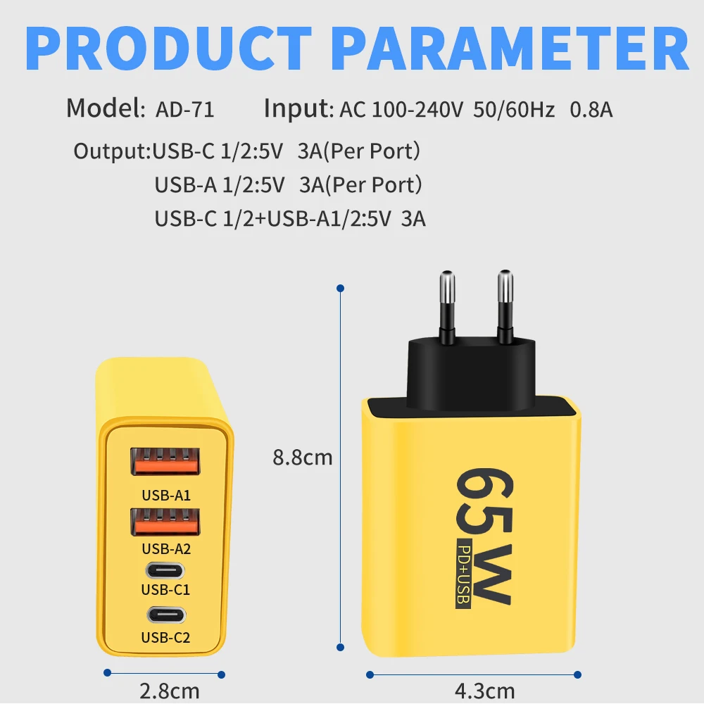 65W PD USB Charger 4 Ports Fast Charging Quick Charge3.0 Charger Wall Adapter  For iPhone15 Samsung Huawei Xiaomi USB C Charger