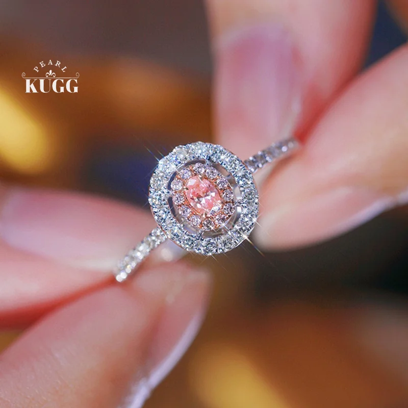 

KUGG 18K White Gold Rings Luxury Oval Design 0.50carat Real Natural Pink Diamond Engagement Ring for Women High Wedding Jewelry