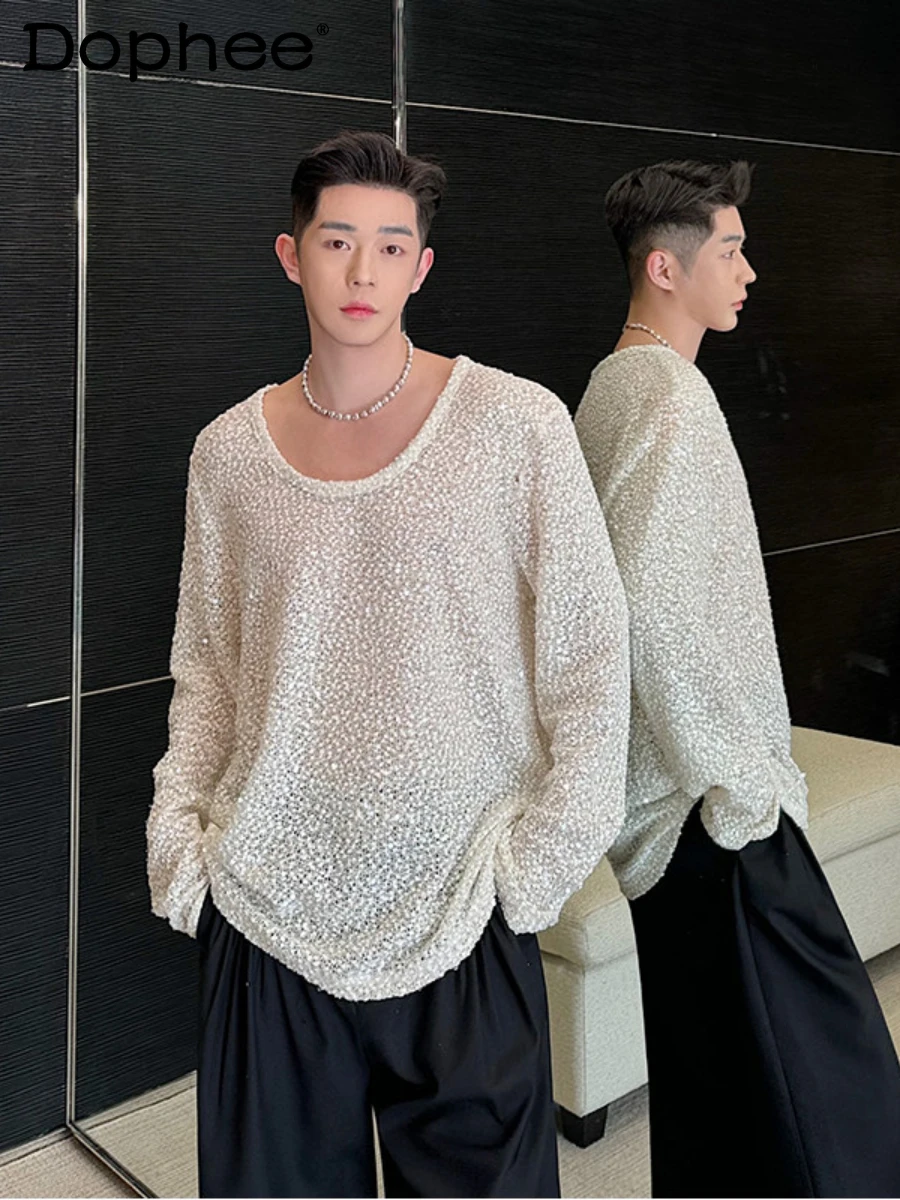 

Fashion Thin Sequin Long-Sleeved T-shirts Men's 2024 Summer Thin All-Matching T-Shirts Trendy Male Loose Comfort Casual Top