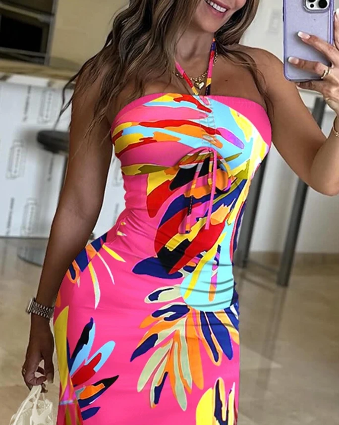 Women\'s Dress Elegant 2024 Summer Vacation Beach Casual Tropical Print Halter Drawstring Ruched Sleeveless Bodycon Maxi Dress