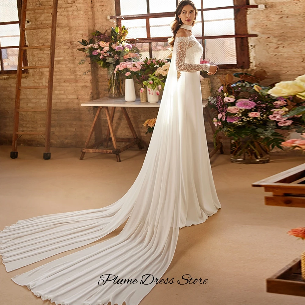 Simple Boat Neck Long Sleeves Wedding Dress Elegant Straight Chiffon Vestido De Novia Customized Lace Appliques Bridal Gowns