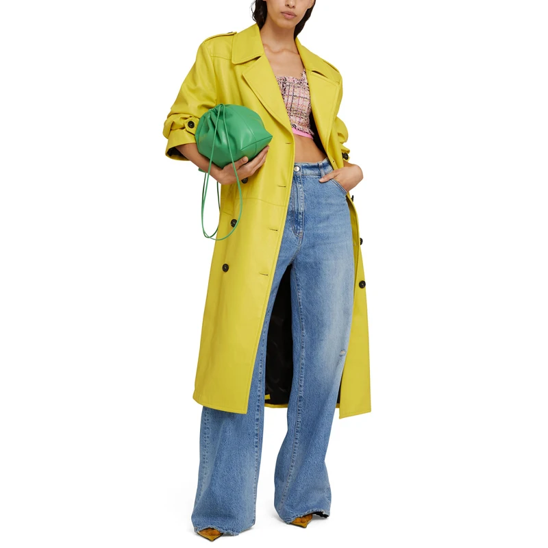 Trench-coat en peau de mouton pour femme, veste en cuir de carillon, double boutonnage, long, jaune, classique, hiver, mode