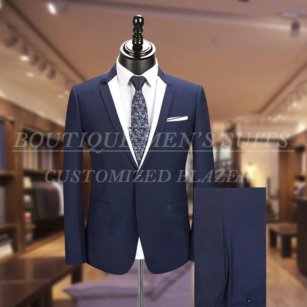 

Slim Fit Blue Men's Suits 2 Piece Jacket Pants Full Sets High Quality One Button Notch Lapel Skinny Blazer 2025