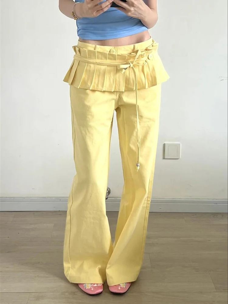 

Trendy Streetwear Straight Yellow Long Pants American style High Street Pleated Fake Two Pieces Slim Waist Wid Leg Pants