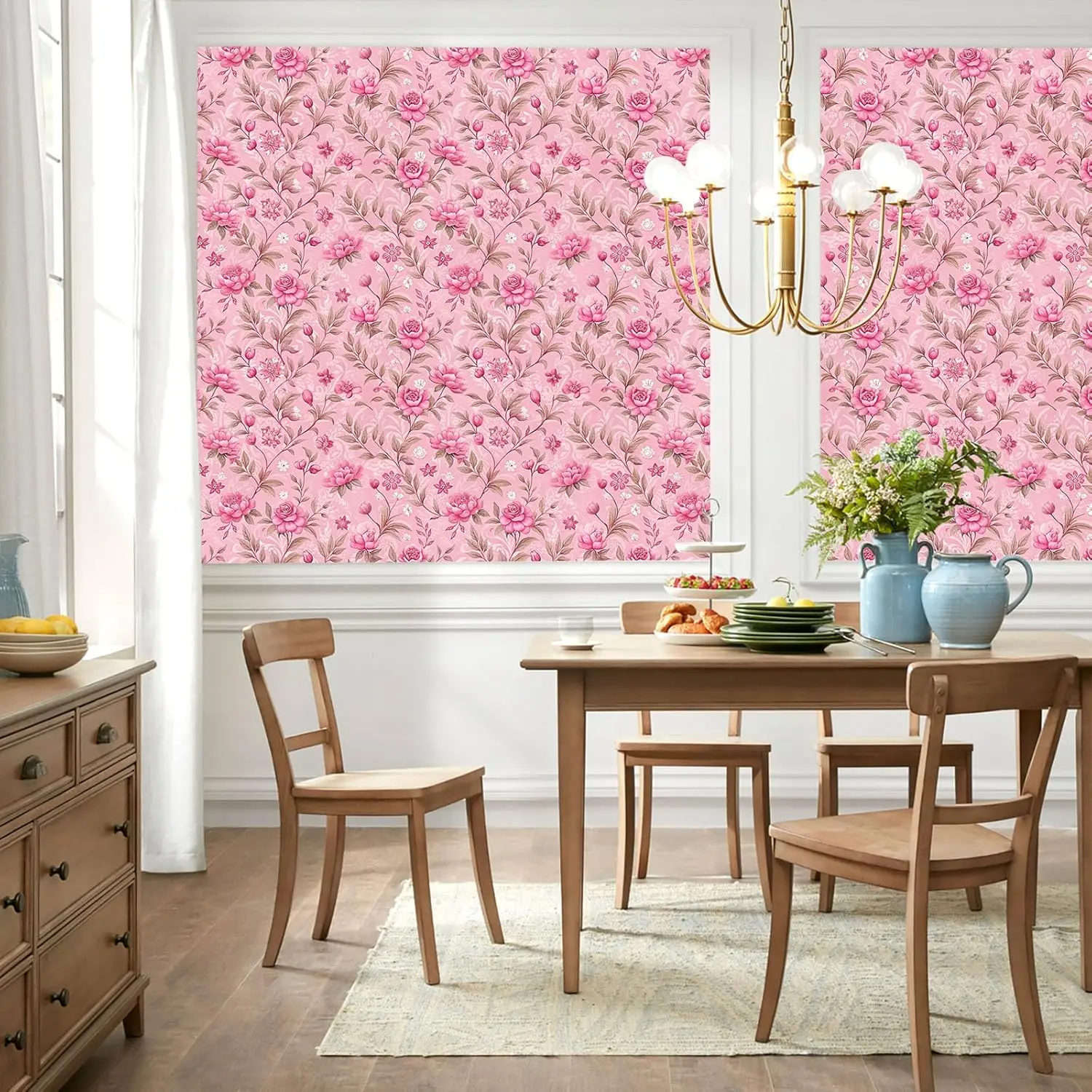 핑크 꽃 껍질과 스틱 벽지 꽃 접촉 종이 이동식 방수 벽 종이 비닐 자체 접착 벽지