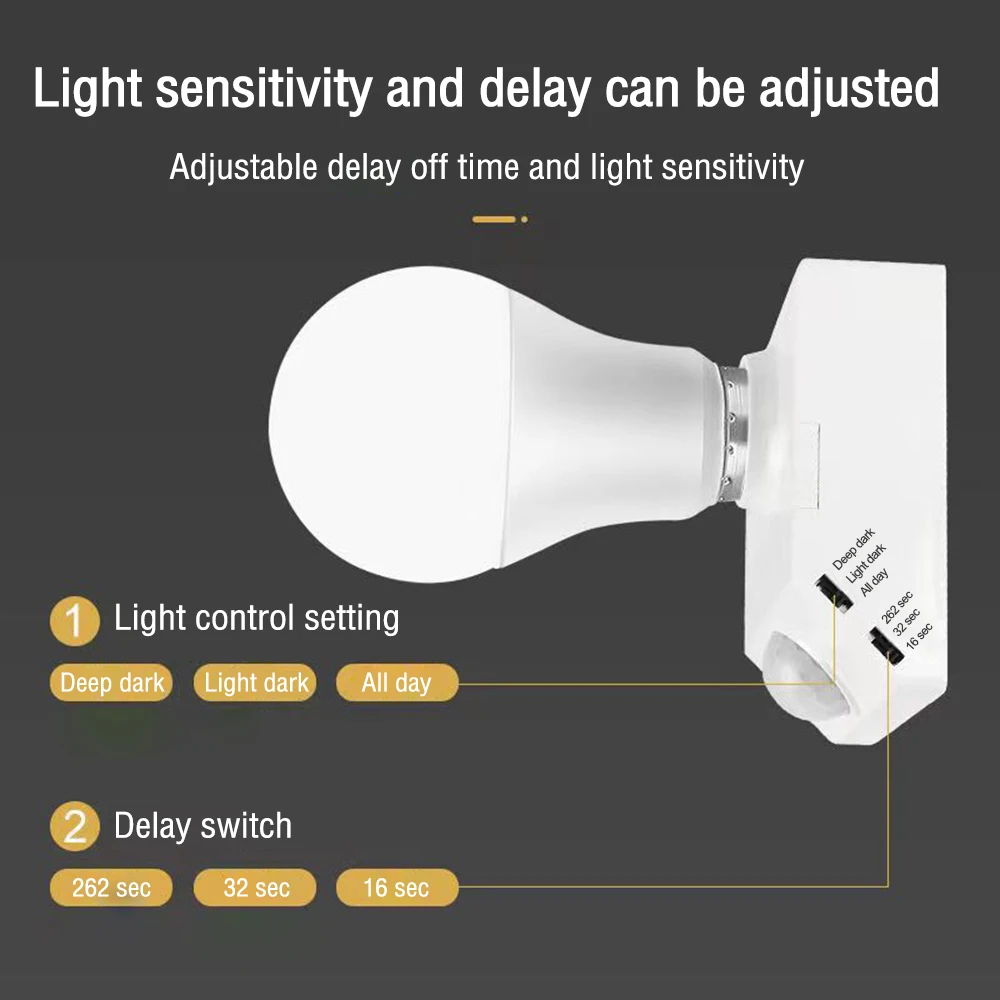 Pir Motion Sensor Light Socket,E27 LED Bulb Base Human Body Infrared Sensor Adjustable Auto on Off Light Control Lamp Holder