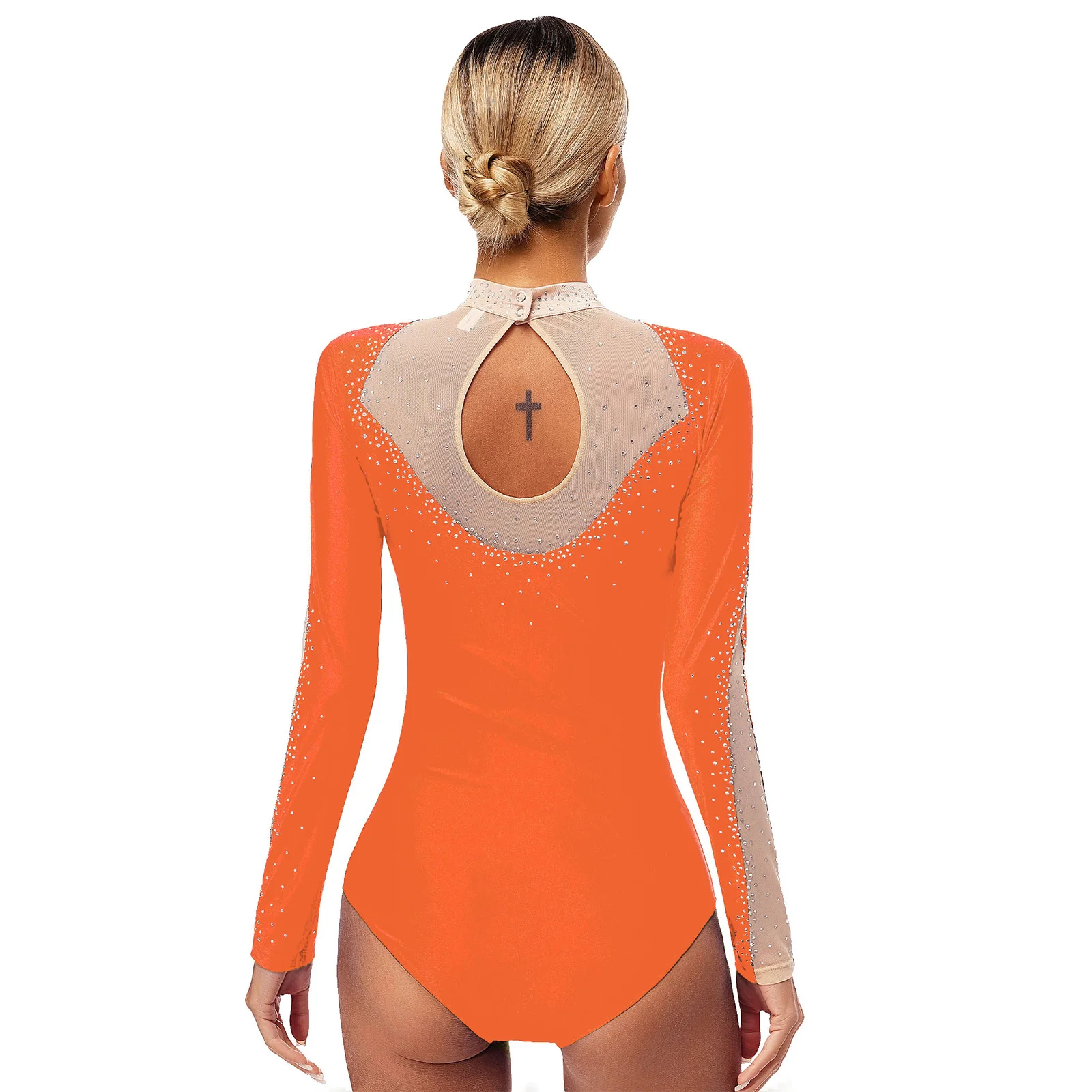 Women Figure Skating Leotard Long Sleeve Sheer Mesh Rhinestone Bodysuit Ballet Dance Rhythmic Gymnastics Acrobatics Costume