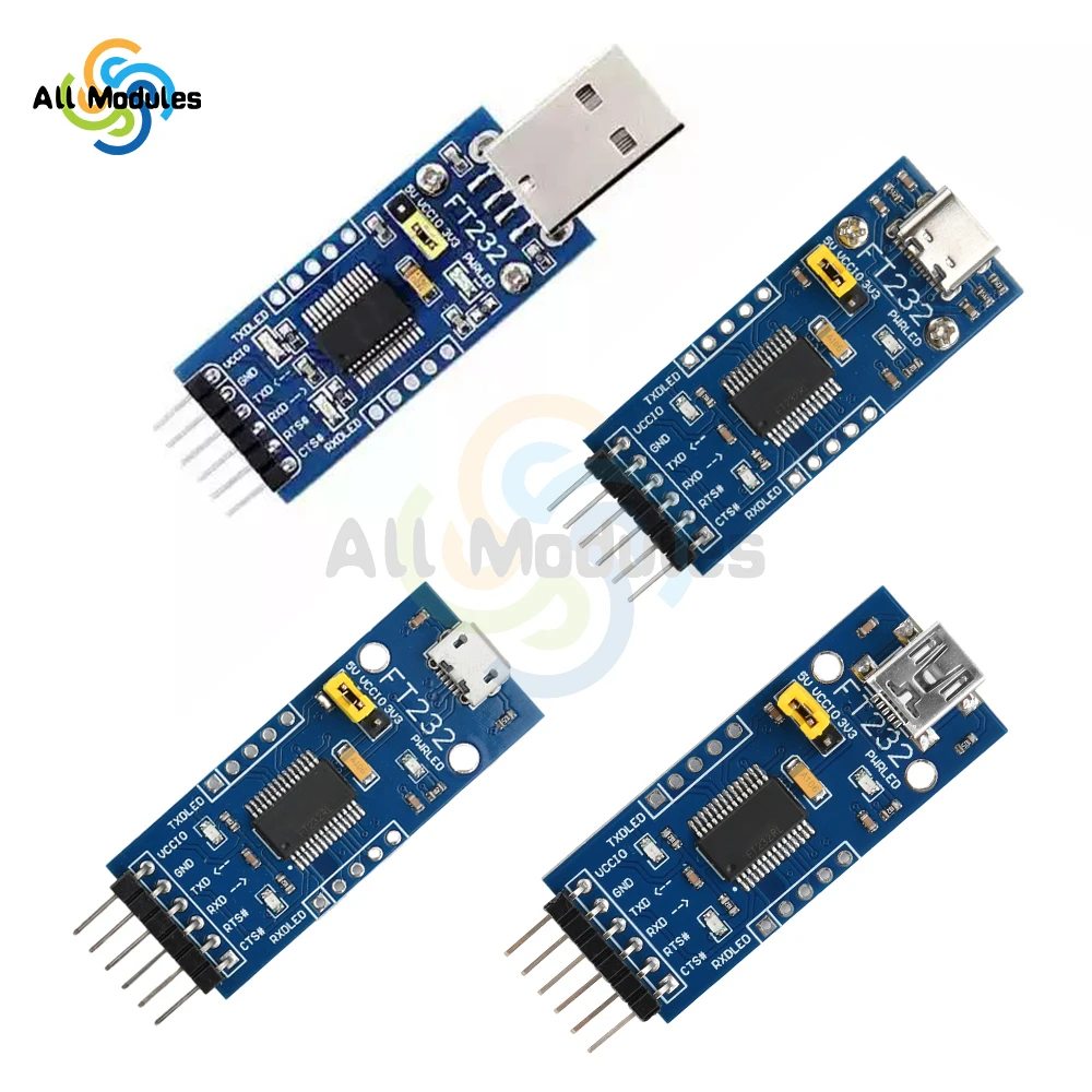 USB to TTL FT232 Serial Communication Module Ft232Rl Chip Blue Board Type-A/Type-C/Mini USB/Micro USB to TTL for Arduino