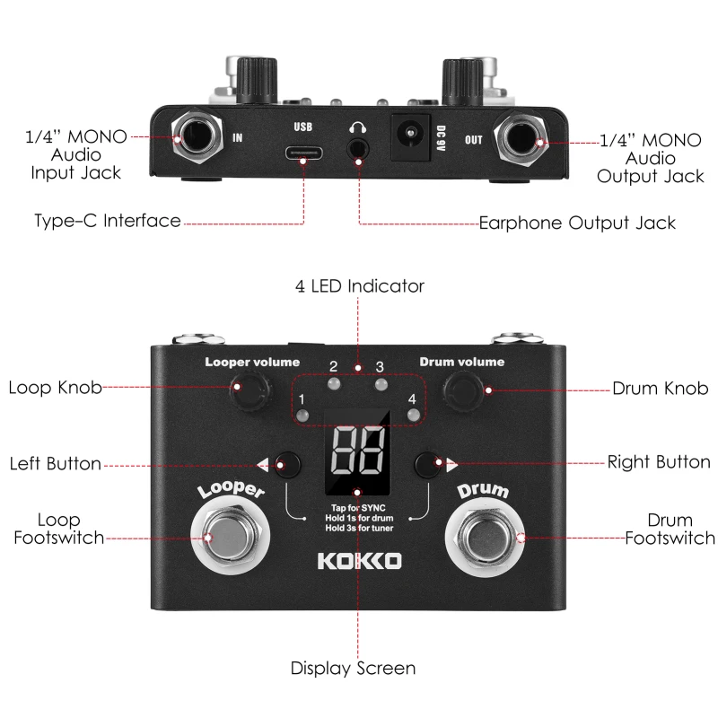 KOKKO FLD-1 Multifunctional Drum Machine & Looper Effect Pedal Digital Tuner BT Page-Turner Phrase Loop Recording Compact Pedal