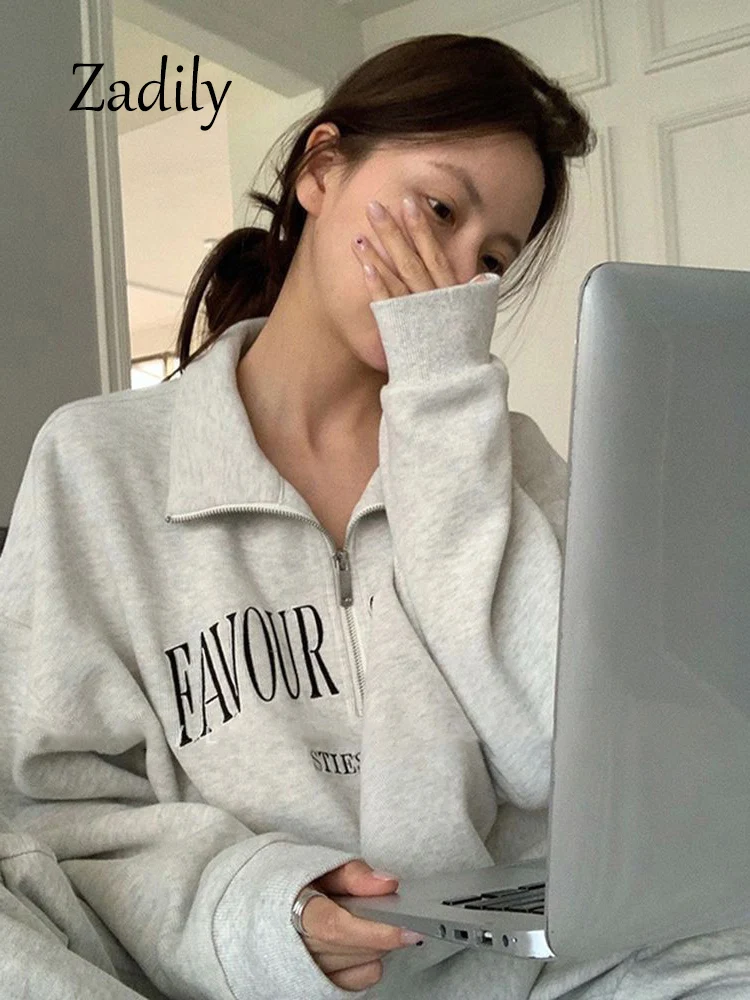 2024 Autumn Streetwear Long Sleeve Women Y2K Hoodies Minimalist Letter Printing Loose Woman Pullover Casual Zipper Sweatshirt