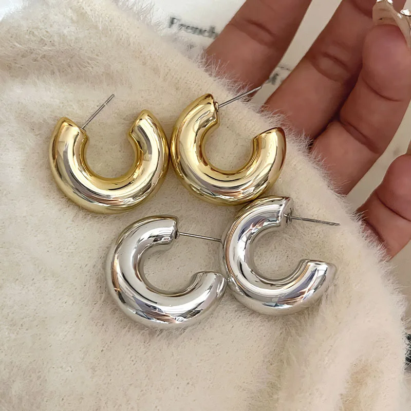 Geometric Thick Metal Round Earring Simple Gold Color Silver Color Chunky Hoop Earrings for Women Trend Minimalist Jewelry Gifts