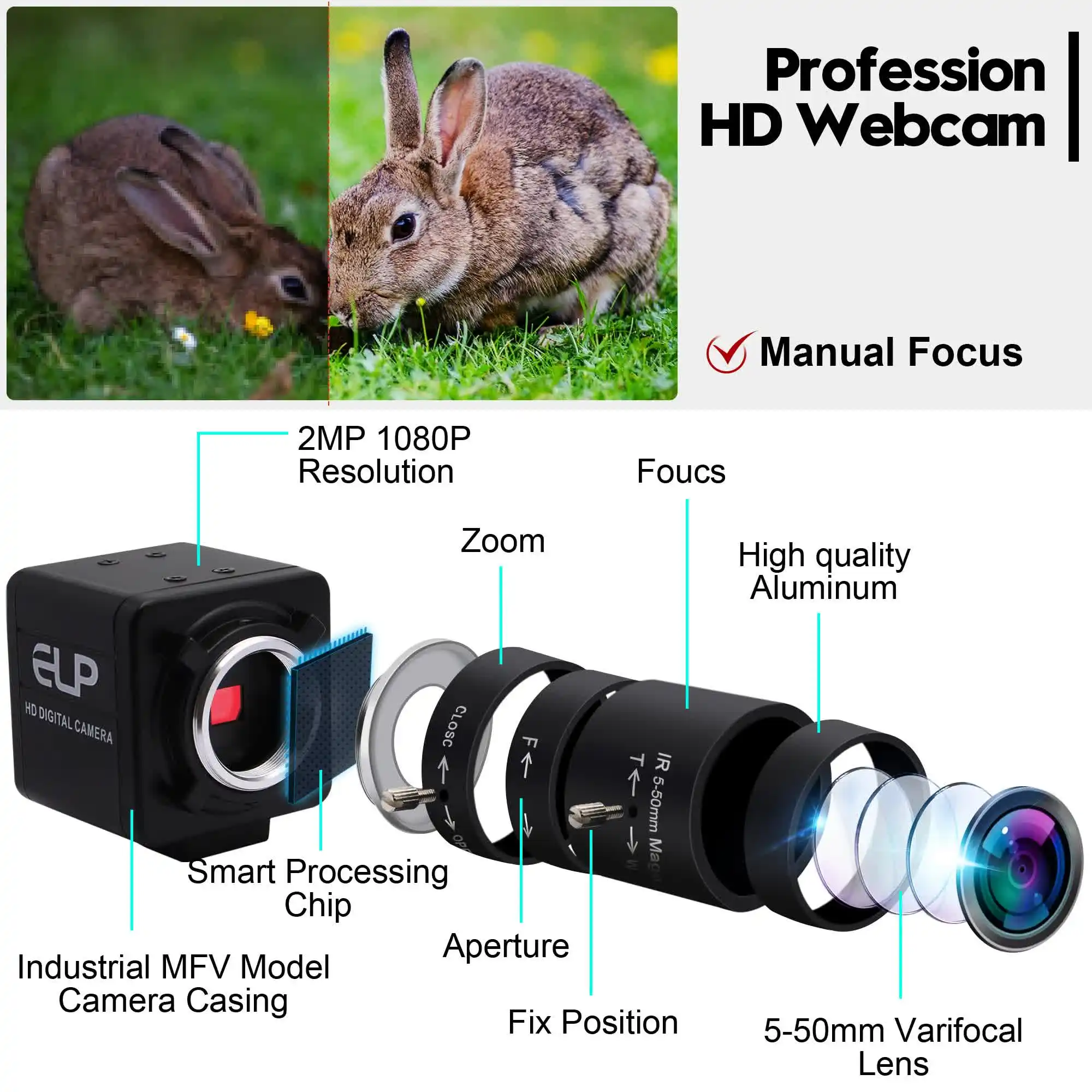 ELP 1080P Webcam with Zoom Lens 5-50mm Manual Focus USB Camera H.264 Low Light PC Camera with IMX323 Sensor UVC Web Camera