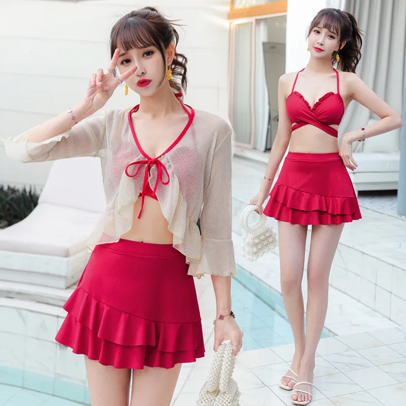 2023 New Sexy Women Beachwear Long Sleeve Bikini Set Swimsuit High Waist Swimwear Push Up Padded Bathing Suit Swimskirt