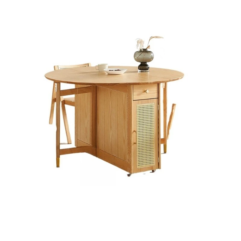 

Small apartment folding round solid wood dining table, wabi-sabi log wind can be stored and retractable, multi-functional