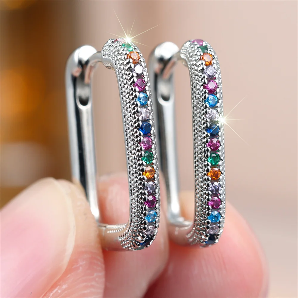Single Row Small Round Stone Rainbow Hoop Earrings For Women Vintage Gold Silver Color Ear Buckle Wedding Jewelry Valentine Gift - view 4