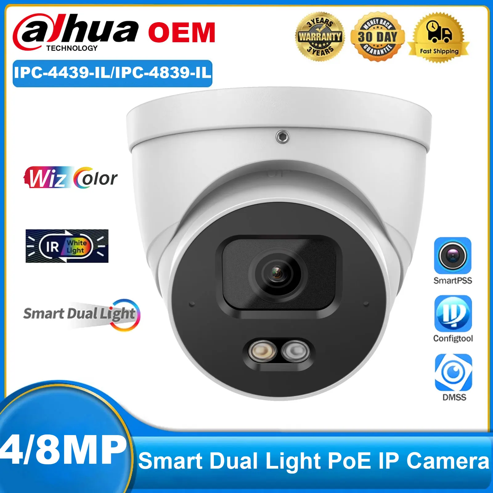 Dahua Compatible 4/8MP Smart Dual Light PoE IP Camera Human &Vehicle Detection Built-in Mic Support IVS Onvif IP67 Metal Housing
