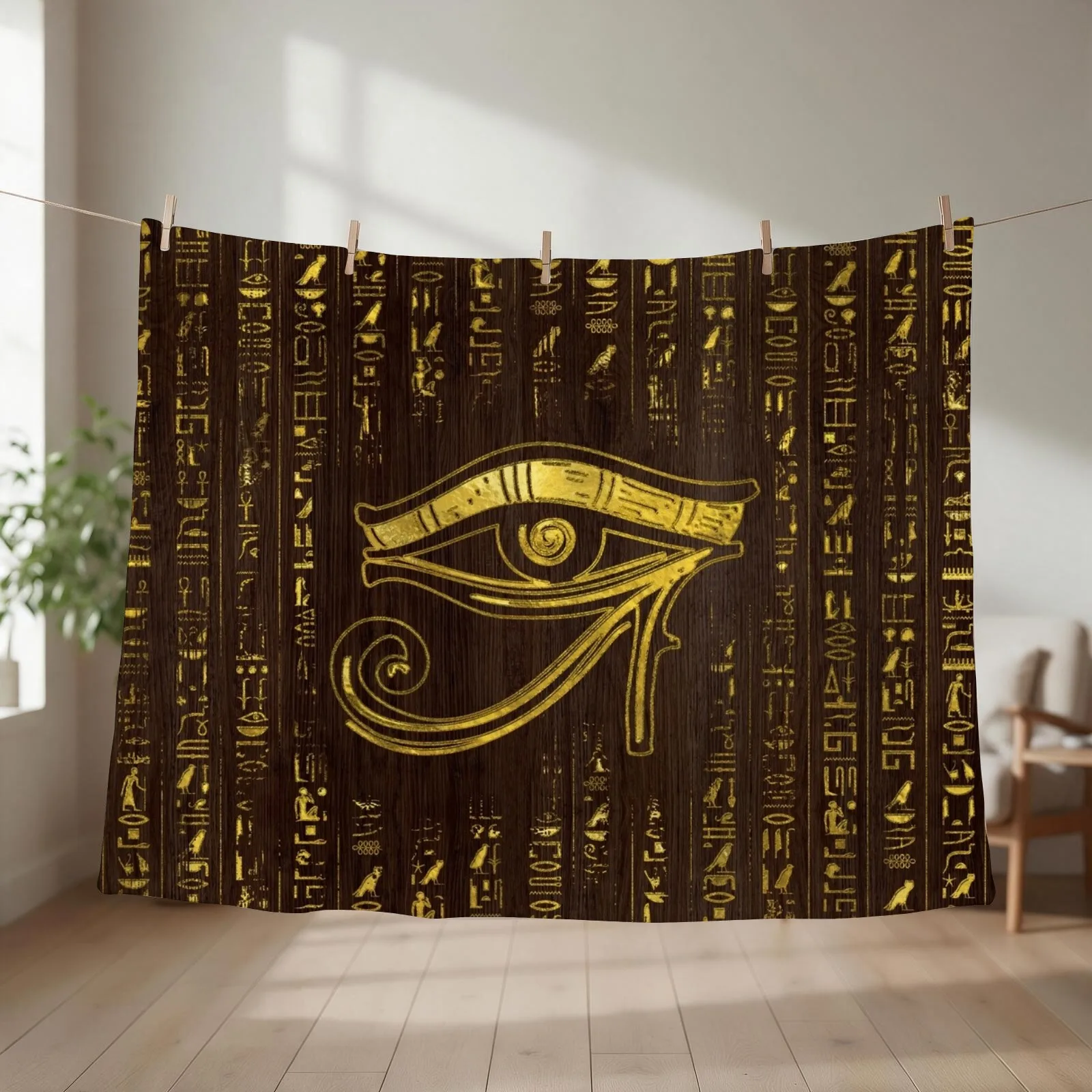 Golden Egyptian Eye of Horusand hieroglyphics on wood Throw Blanket couch cozy soft plush fuzzy picnic outdoor blanket