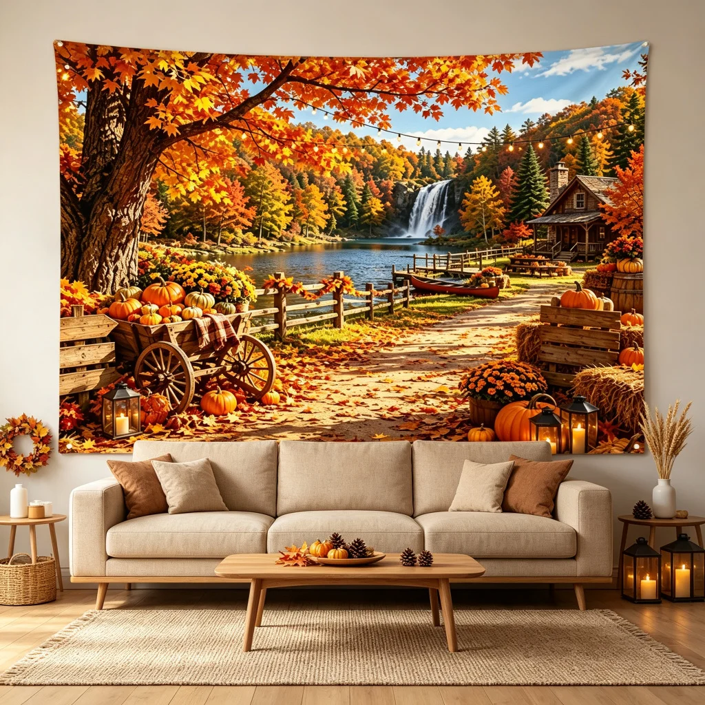 1PC Thanksgiving Fall Harvest Pumpkin Cabin Waterfall Print Backdrop Banner, Bedroom Photo Background, Polyester, Home Decor