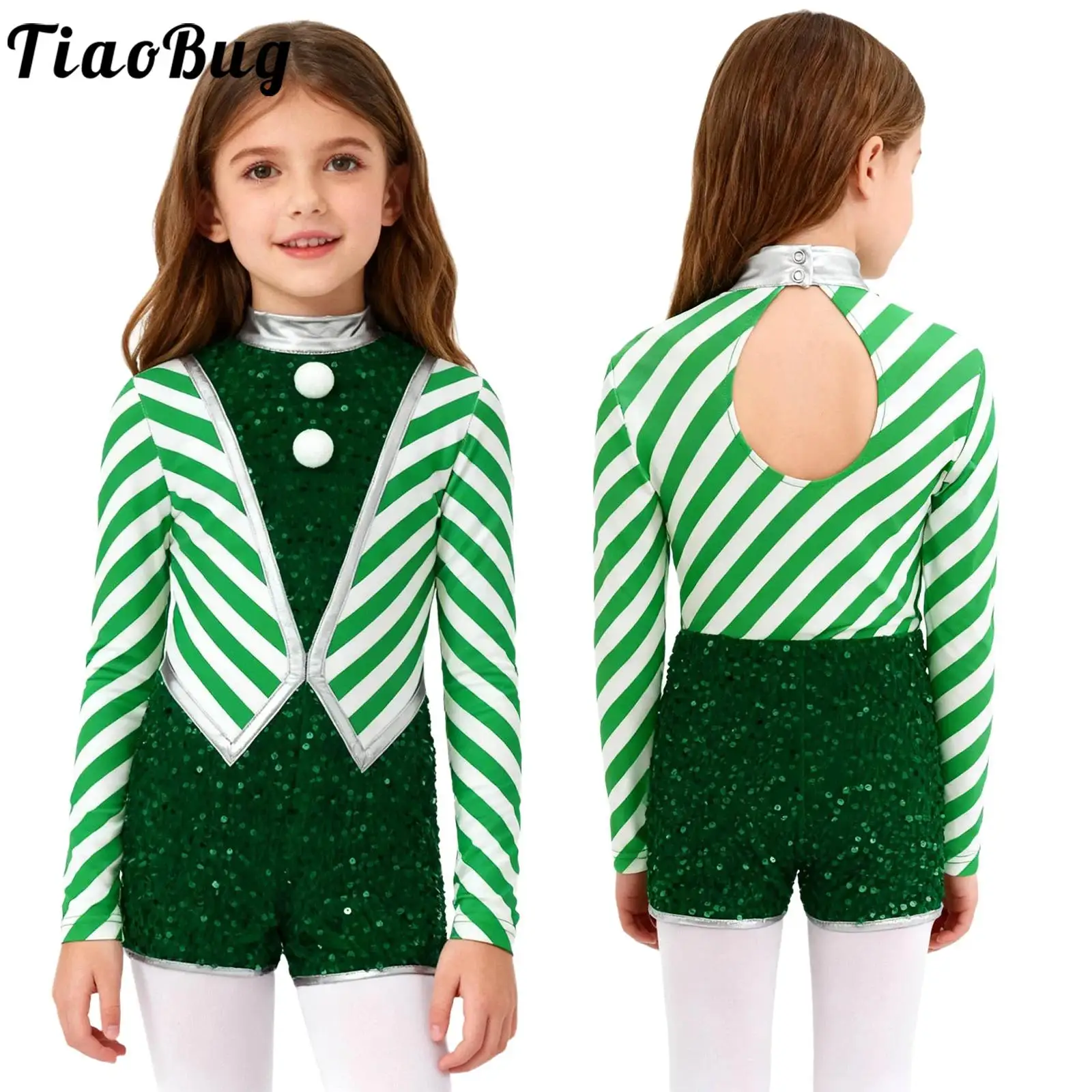 

Girls Candy Cane Stripes Costumes Christmas Xmas Party Jazz Dancewear Leotards Unitards Long Sleeve Sequins Pompoms Jumpsuit