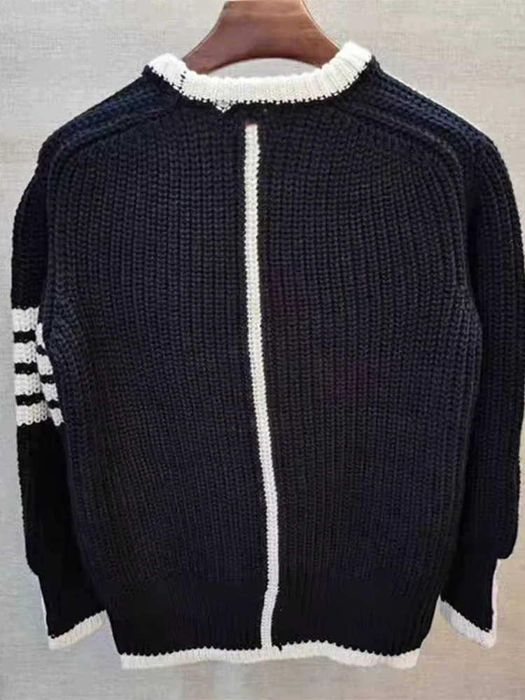 Spring Autumn Fashion Stripe Contrast Knitted Sweater Men's Casual O-neck Elastic Loose Simple Versatile Male Knit Pullover