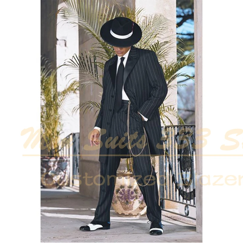 Black Stripe ชุดสําหรับชายสุภาพบุรุษ Elegant Single Breasted Blazer ที่กําหนดเอง Peak Lapel 2 ชิ้นกางเกงชายเสื้อผ้า