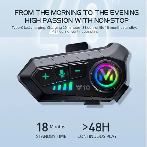 Y10 Motosiklet Kaskı Kulaklığı Stereo Ses Kontrolü Bluetooth 5.3 Eller Serbest Arama IPX6 Su Geçirmez 1000mAh Ortam Işığıyla