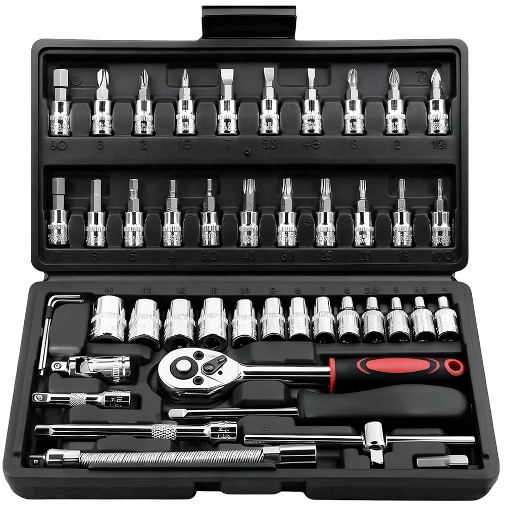 

46Pcs 1/4" Ratchet Socket Wrench Set Metric Hex Bits Extension Bar Auto Household Repair Tools Kit With Storage Case