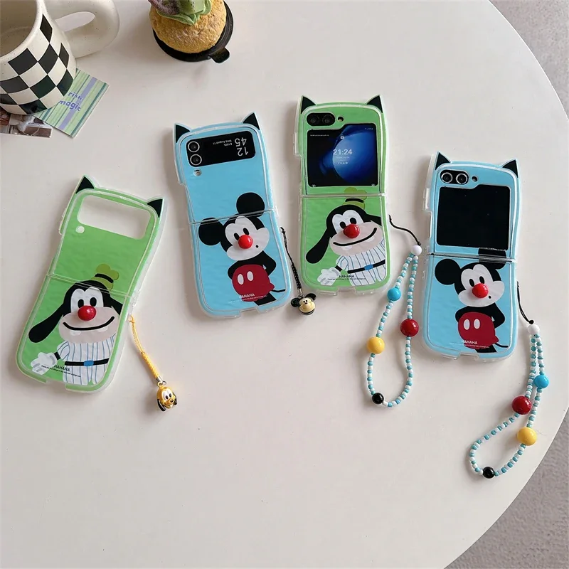 Cute Disneies Mickey Goofy Goof with Lanyard Phone Case for Samsung Galaxy Z Flip 3 4 5 6 5G PC Hard Anti-drop Back Cover Funda