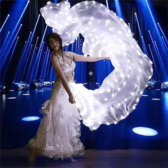 مضيئة الرقص الشرقي مروحة حريرية طويلة قابلة للطي الخيزران الحرير المشجعين متوهجة تضيء المشجعين لراقصة صالح مرحلة الأداء الدعائم