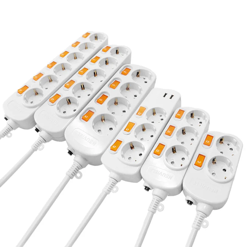 Electrical Schuko Power Strips 16A 3500W Surge Protector 2meters Extension cord 2/3/4/5/6 EU Outlets Independent Control Switche