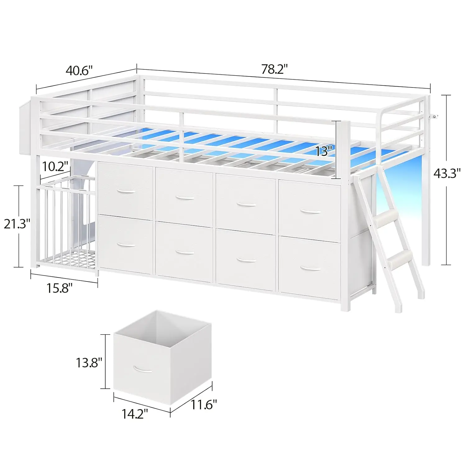 Twin Size Low Loft Bed with RGB Lights & Play Zone, 8 XL Drawers, Kids Play Loft with 2-Step Ladder & Anti-Tip Kit, Customized