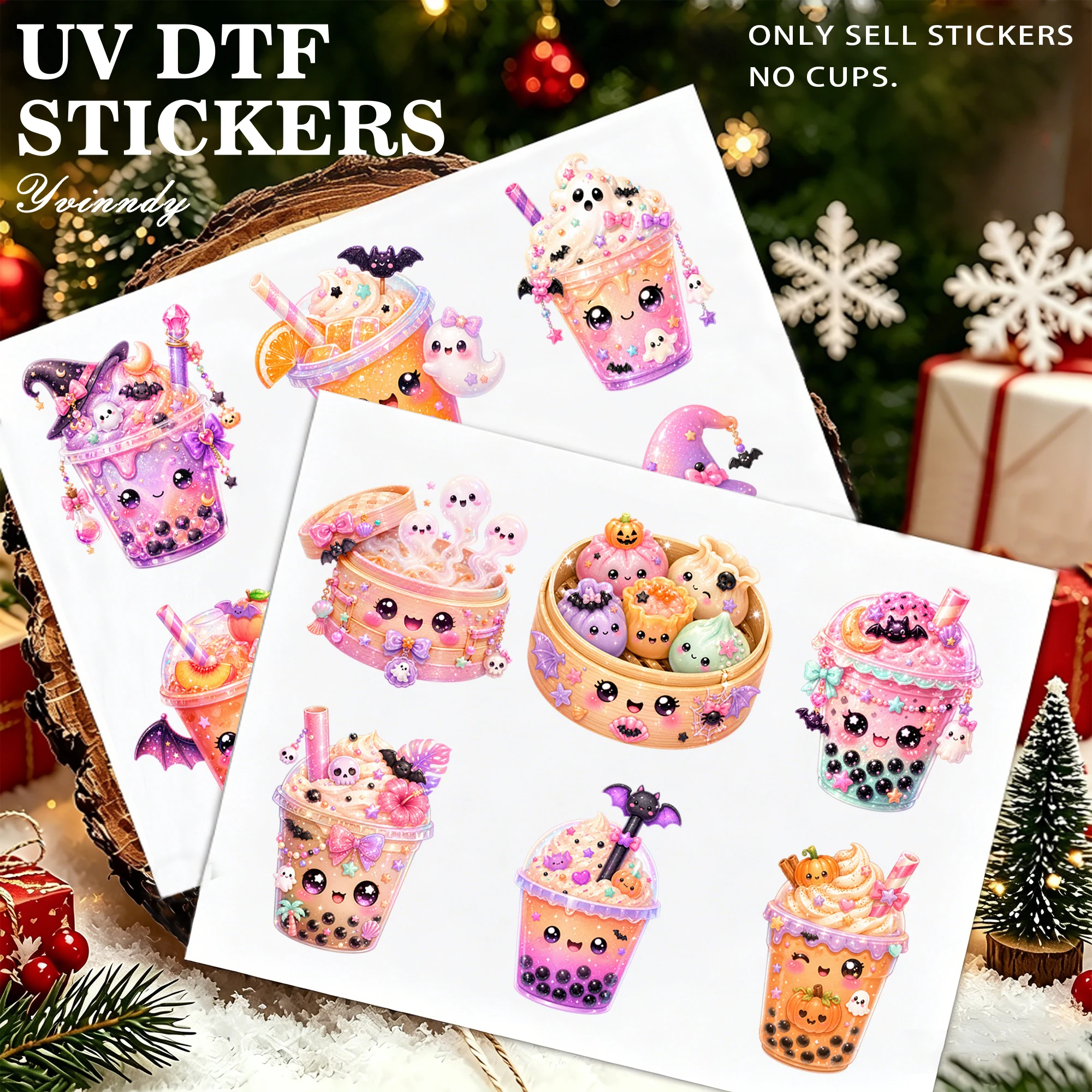 12Pcs/Set Kawaii Spooky Dumplings DIY UV DTF For Mugs Printing Waterproof Self-adhesive UV DTF For 16oz Glass Can Wrap