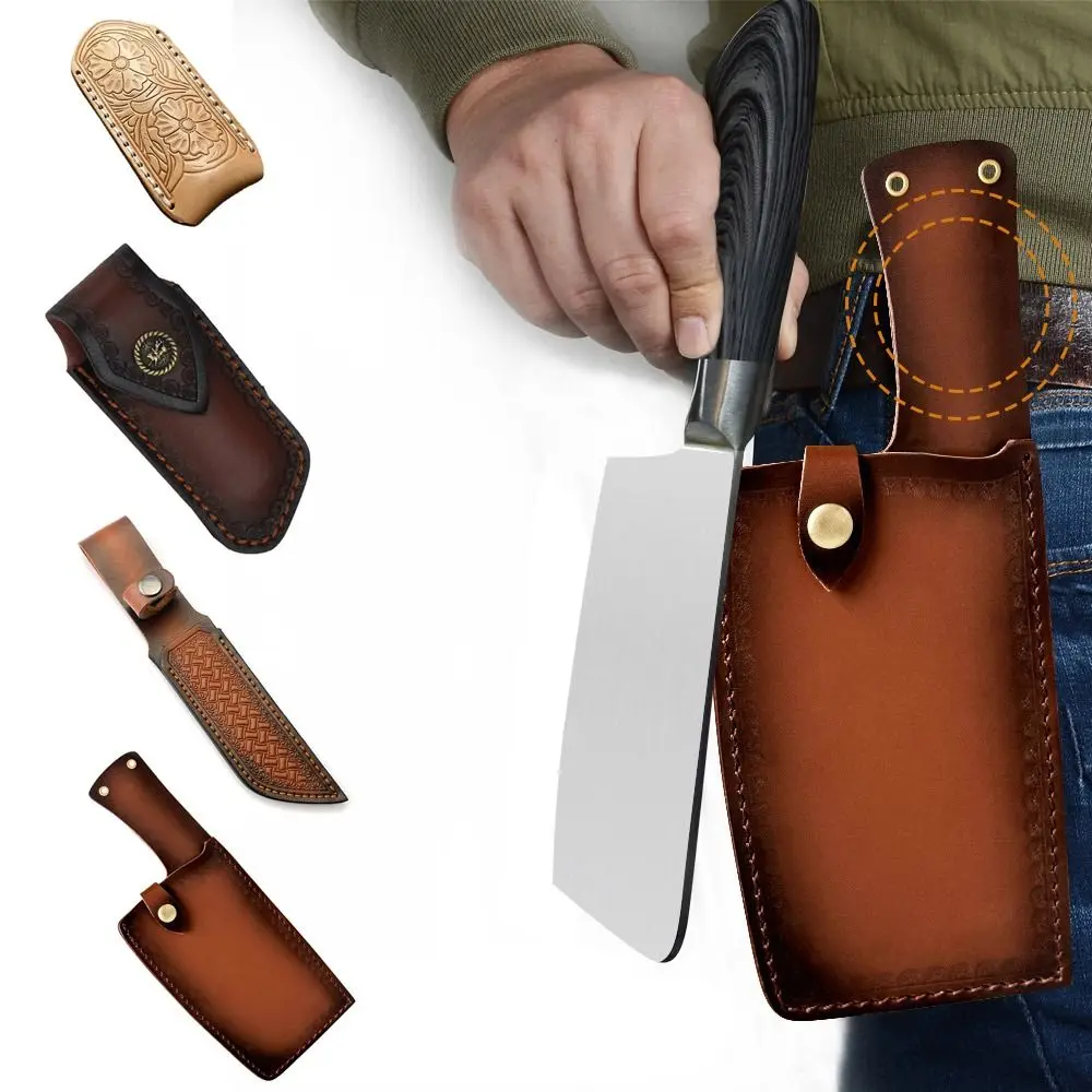 Brown Straight Knife Scabbard Tool Flashlight Belt Loop Case Holder Leather Sheath Pocket Hunt Camp Outdoor Carry Equipment