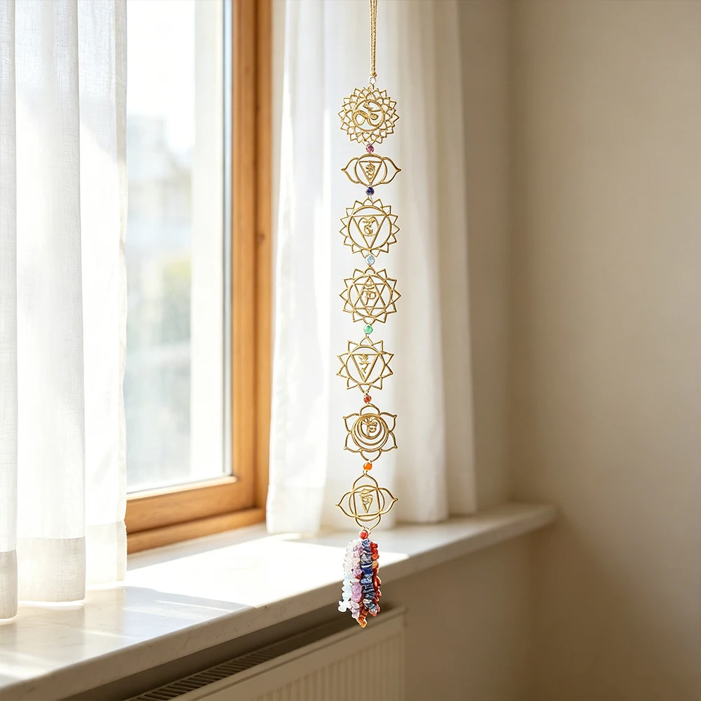 7 Chakra Hohlmetall-Wanddekoration mit Naturstein-Quasten für Yoga, Meditation, spirituelle Heilung und Heimdekoration – Detail 5