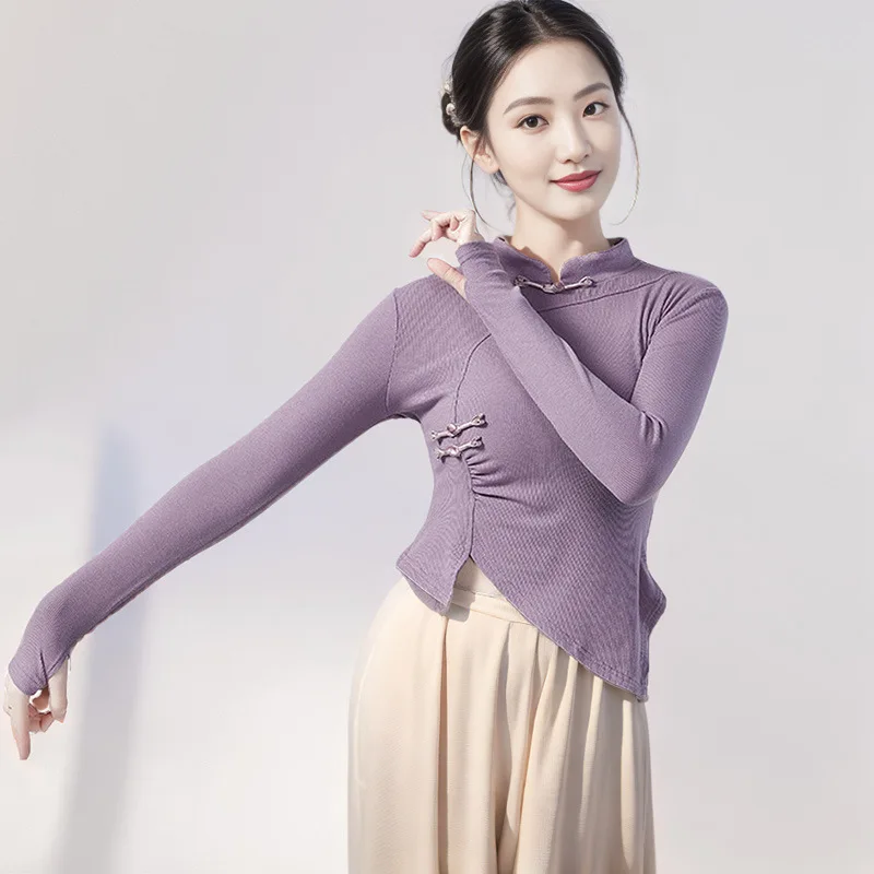 Abiti per la pratica della danza classica, top da ballo cheongsam in stile cinese da donna, danza popolare, maniche lunghe, rima del corpo sottile per adulti