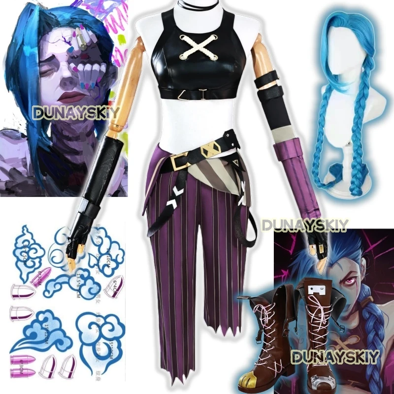 LOL Jinx Cosplay Costume Anime LOL Arcane Jinx Cosplay Uniform Outfits 130cm Wig Halloween Carnival Suit High Quality Costume