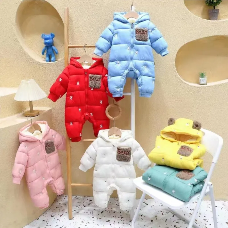 Winter Infant Babys Boys Rompers Cotton Thicken Velvet Hooded Jumpsuits For Kids Boys Bear Stickers Print Toddler Boys Bodysuits