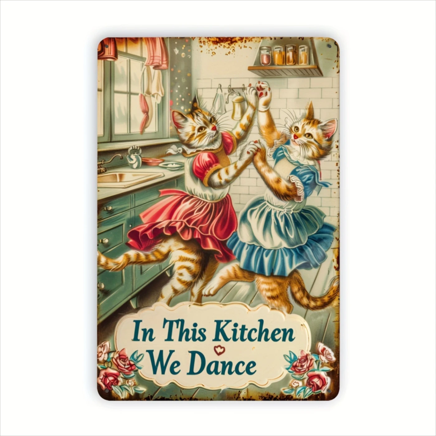 Vintage Metal Sign Featuring a Dancing Cat in the Kitchen, a Wrought Iron Wall Art Piece Suitable for Both Indoor and Outdoor Decoration. Ideal for Homes, Bedrooms, Offices, Studies, Dining Rooms, Bars, Cafes, Schools, Libraries