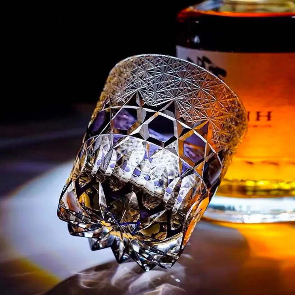 Edo Kiriko Whiskey Glass Hand Engraved Crystal Glass Purple Fluorite Rock Glass for Scotch Bourbon Barware Gift
